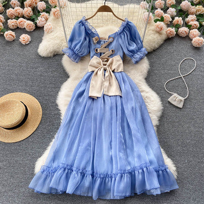 Design sense bow tie small French Hepburn style pure desire princess palace style holiday dress large swing skirt