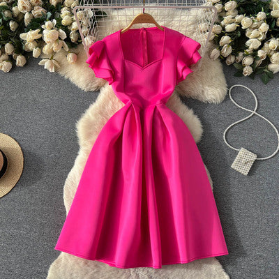 Spring and summer new design sense square collar ruffled short-sleeved pleated fashion temperament high waist dress female princess skirt