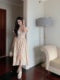 Floral suspender dress female summer puff sleeves French square collar hot girl waist temperament mid-length slit skirt