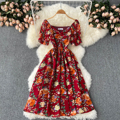 Holiday dress women's 2022 spring new retro print age-reducing puff sleeves slim mid-length chiffon skirt