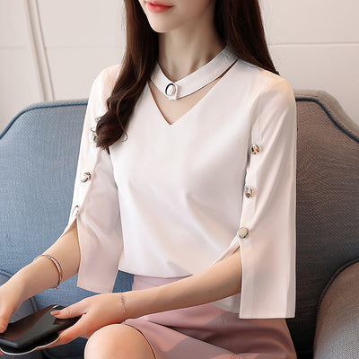 White shirt women's design sense niche 2022 summer dress temperament small fragrance style V-neck top slit short-sleeved chiffon shirt