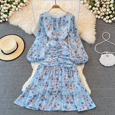 Autumn French light familiar style round neck fishtail dress puff sleeves chiffon floral skirt lady temperament long skirt