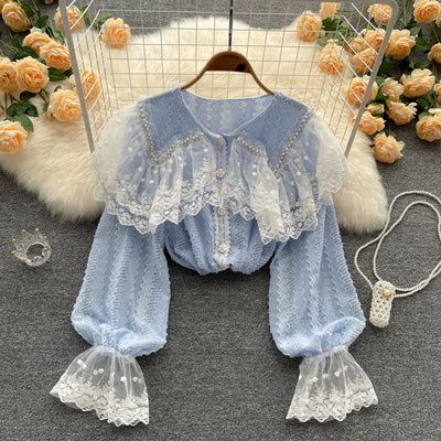 French shirt women's design sense niche heavy industry embroidery lace lace stitching age-reducing all-match chiffon top women's autumn