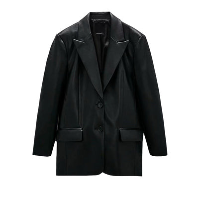 ZA autumn new black PU imitation leather loose suit jacket 01255703800