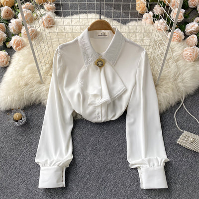 2022 spring retro polo collar loose white chiffon shirt ladies temperament loose chic long-sleeved top