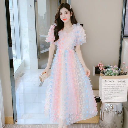 Gentle wind butterfly puff sleeve dress female waist temperament fairy skirt super fairy forest rainbow gradient big swing skirt