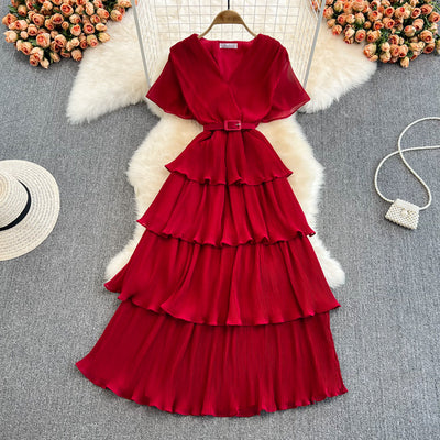 Seaside Holiday Beach Dress Retro Feminine V-neck High Waist Cake Dress Elegant Temperament Large Swing Long Skirt