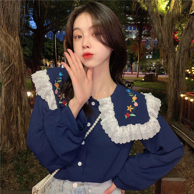 Lace Doll Collar Klein Blue Shirt Women's Long Sleeve Spring and Autumn French Chic Bottoming Shirt Design Small