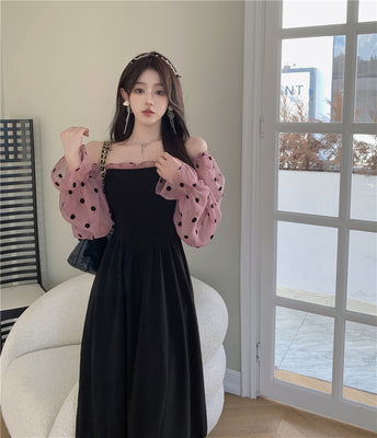 Large size French retro one-word collar splicing mesh long-sleeved dress 2023 autumn new sweet long skirt women