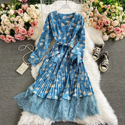 Retro floral V-neck waist slim lace stitching pleated dress color fashion temperament large swing long skirt