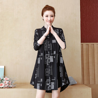 Thick waist cover belly dress spring 2022 new large size Korean version elegant casual printing loose shirt skirt women