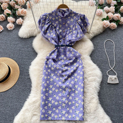 2022 summer new Korean version temperament self-cultivation floral retro slim long lace chiffon dress