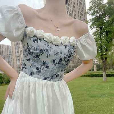 Mimo dk court style French retro rose princess dress 2021 summer oil painting print one-shoulder dress