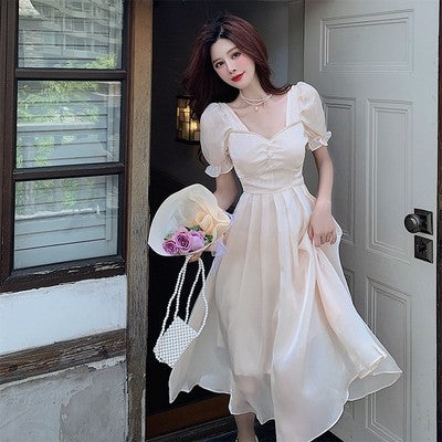 French super fairy streamer twilight cloud yarn long skirt spring and summer puff sleeve princess skirt fairy temperament waist dress female