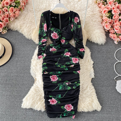 2021 summer European and American catwalk models retro fashion square neck printing slim bag hip slimming mesh mid-length dress