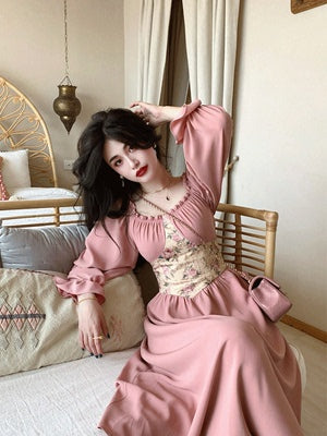 French retro court style square collar long-sleeved dress sweet jacquard with waist waist showing thin temperament elegant long skirt