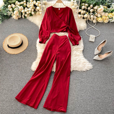 Royal sister style suit 2020 new women's design short top all-match high-waist wide-leg pants fashionable two-piece set