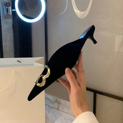 European and American Cat Heel Pointed Toe Drag Sandals Women's 23 Years New Velvet Baotou Metal Buckle Half Slippers Winter Outerwear Women