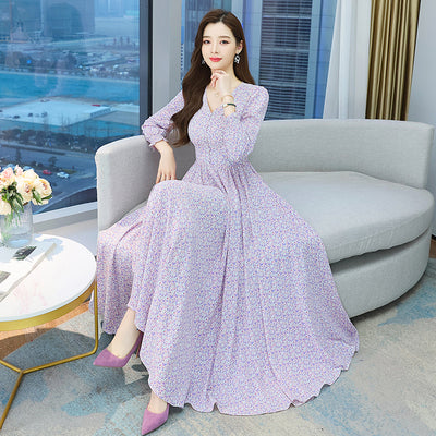 French niche high-end floral chiffon dress 2022 spring new western style age-reducing over-the-knee long skirt