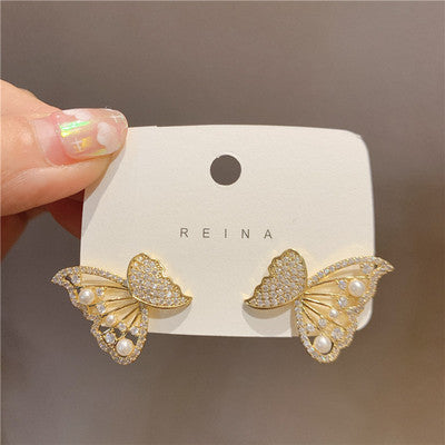 Two-wear butterfly pearl earrings female 925 silver needle niche design earrings 2021 new trendy earrings earrings