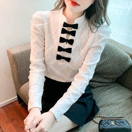 2022 early autumn new Korean version stand collar bow hollow lattice jacquard shirt Western style puff sleeve bottoming top