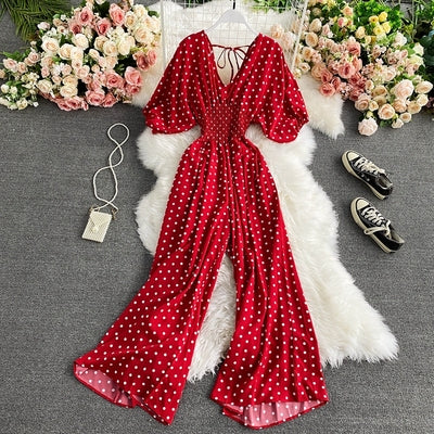 Sexy V-neck bat sleeve waist slimming wave dot print jumpsuit fashion temperament wide-leg trousers jumpsuit for women