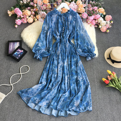 Autumn Hepburn style French retro long-sleeved ink painting tie-dye fungus edge stand-up collar dress elegant large swing dress