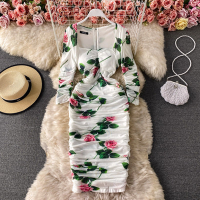 Spring retro palace style rose print OL temperament elegant mesh stretch slim square neck bag hip dress female