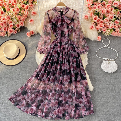 Holiday style print large swing dress 2021 autumn new lace bow neck long sleeve waist waist floral dress