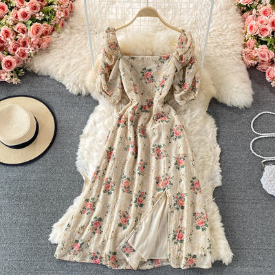 French retro sweet floral chiffon square neck dress female summer first love skirt temperament skirt fairy super fairy forest