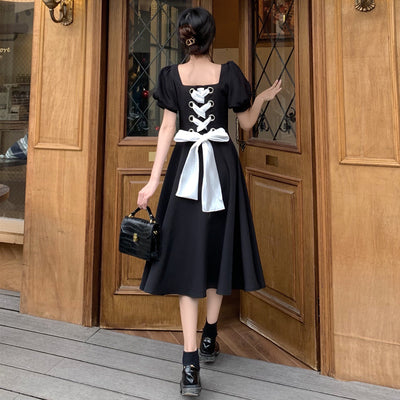 Large size fat MM French dress female summer retro strappy waist design feeling scheming small black dress temperament small skirt