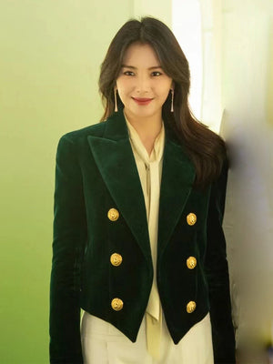 Celebrity Liu Tao with the same style of suit short jacket dark green velvet temperament high-end thin design short suit jacket