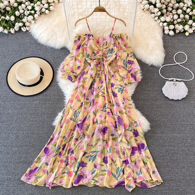 Seaside holiday dress gentle wind one-shoulder off-the-shoulder suspender skirt high-waisted thin floral chiffon dress spring