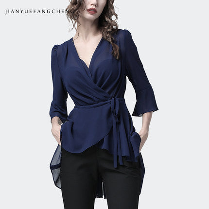 European goods spring three-quarter sleeve chiffon shirt top women's V-neck mid-length shirt Western style waist waist thin irregular small shirt