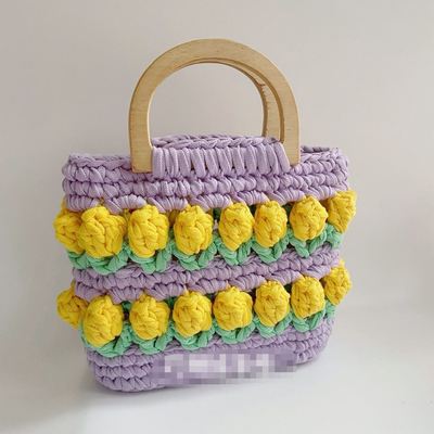 Tulip diy handmade woven bag crochet material bag wooden wrist handbag bag for girlfriends gift