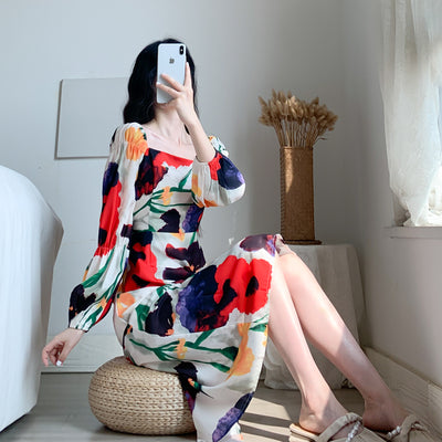 French retro puff sleeve printed long skirt autumn new high-end temperament slim slim square neck dress female