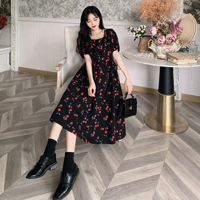 Large size women's fat skirt fat mm square neck puff sleeve bow dress female French temperament long skirt summer