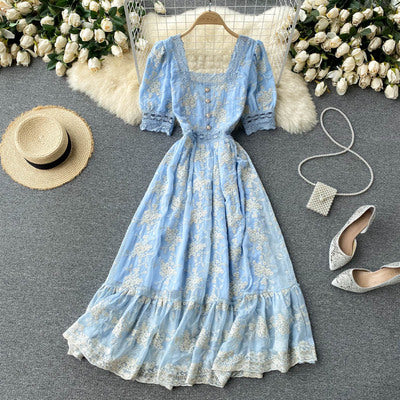 Palace style dress waist summer new retro heavy industry embroidery lace square collar slim mid-length ruffle skirt