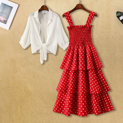 Red polka dot dress shows thin summer temperament waist strapless sling chiffon shirt cake skirt two-piece set mid-length