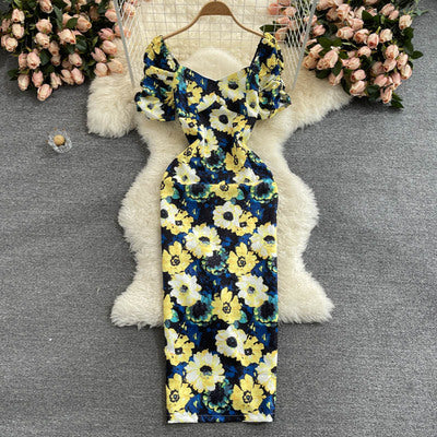 2021 short-sleeved fashionable temperament Korean version flower print long slim fit slim sexy v-neck hip dress