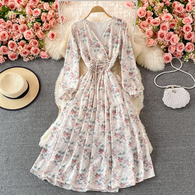 French V-neck waist tie chiffon dress 2021 autumn new retro long-sleeved large swing floral long skirt