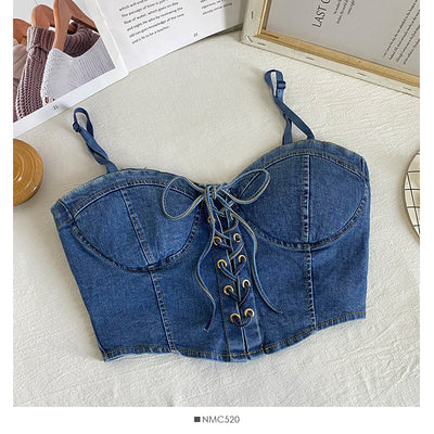 Korean version of the bow tie drawstring short denim camisole women's 2023 new style inner wear niche wrapped chest small vest