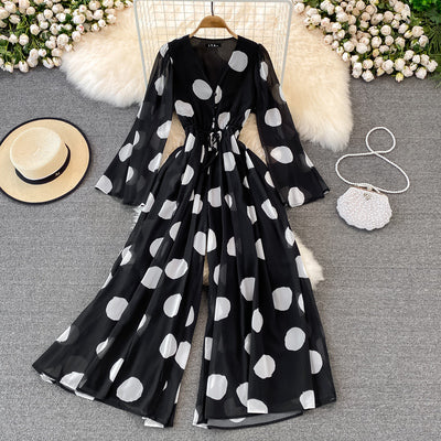 Flared sleeve polka dot print V-neck jumpsuit retro seaside resort beach wide-leg wide-leg pants jumpsuit summer