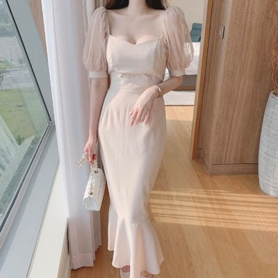 Korean chic summer mesh puff sleeves slim temperament high waist fishtail skirt high-end small fragrance dress female