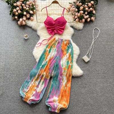 ins holiday style suit female summer new suspender top sexy all-match tie-dye wide-leg pants fashionable two-piece set