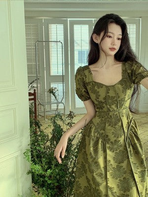 French retro green dress women's