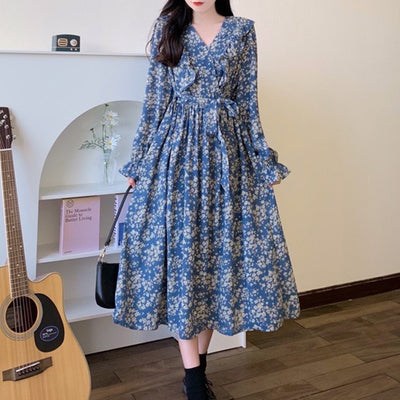 French temperament lotus leaf collar floral long skirt women's spring dress large size light familiar style all-match over-the-knee chiffon dress