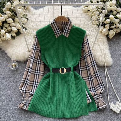 Autumn and winter new Japanese suit women's trumpet sleeve lapel shirt + sleeveless slit woolen sweater vest two-piece set