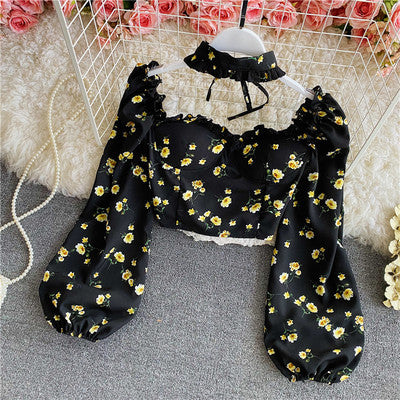 2023 Summer Halter Neck Strapless Square Neck Floral Chiffon Shirt Long Sleeve Short Puff Sleeve High Waist Navel Top Women's Clothing