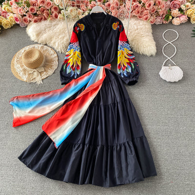 Copy of Retro ethnic style phoenix embroidery V-neck dress elegant temperament is thin and super fairy travel vacation large swing dress